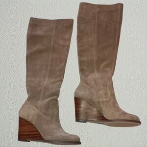 Knee length suede heeled boots, tan / beige, light academia, preppy